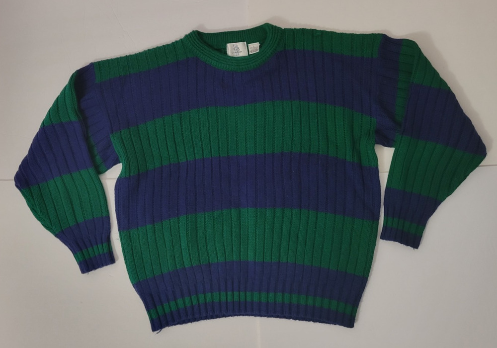 Vintage G.S. Company Mens L Green Blue Striped Ribbed Knit Sweater 90s